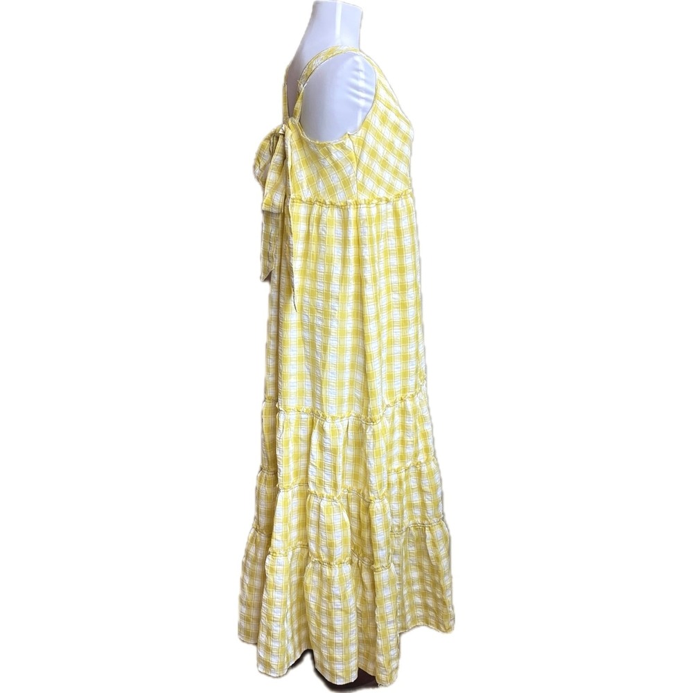 NEW FREE PEOPLE Beach Club Gingham Maxi Dress Size M Yellow White Tiered Raw Hem - Picture 4 of 10